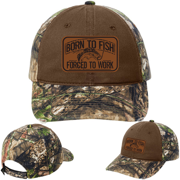 Born To Fish C807 Leather Patch Mid Profile Adjustable Camo Dad Cap