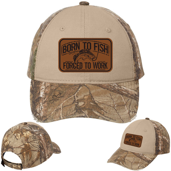 Born To Fish C807 Leather Patch Mid Profile Adjustable Camo Dad Cap