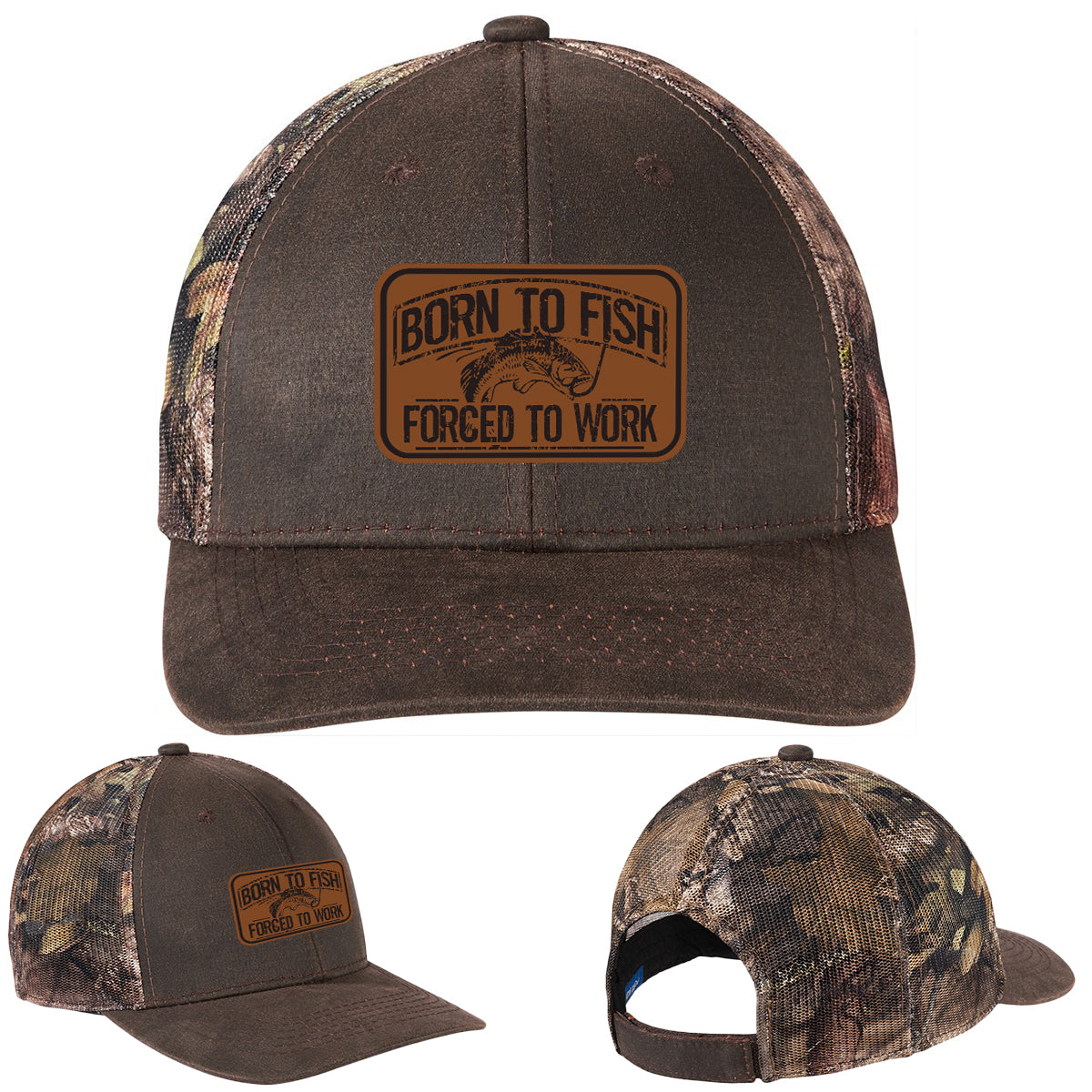 Born To Fish C891 Leather Patch Pigment Print Camo Mesh Back Trucker Cap