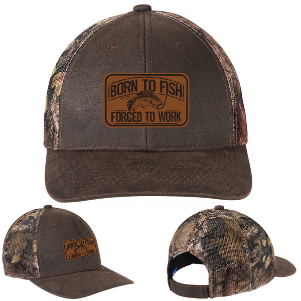 Born To Fish C891 Leather Patch Pigment Print Camo Mesh Back Trucker Cap
