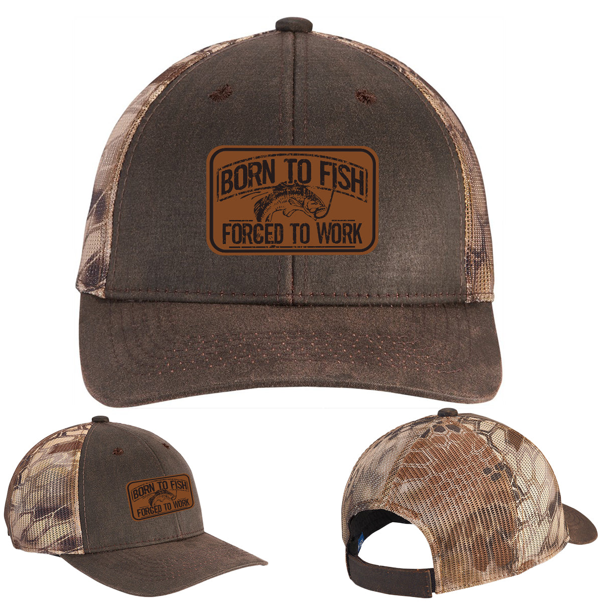 Born To Fish C891 Leather Patch Pigment Print Camo Mesh Back Trucker Cap