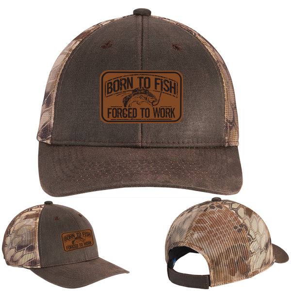 Born To Fish C891 Leather Patch Pigment Print Camo Mesh Back Trucker Cap