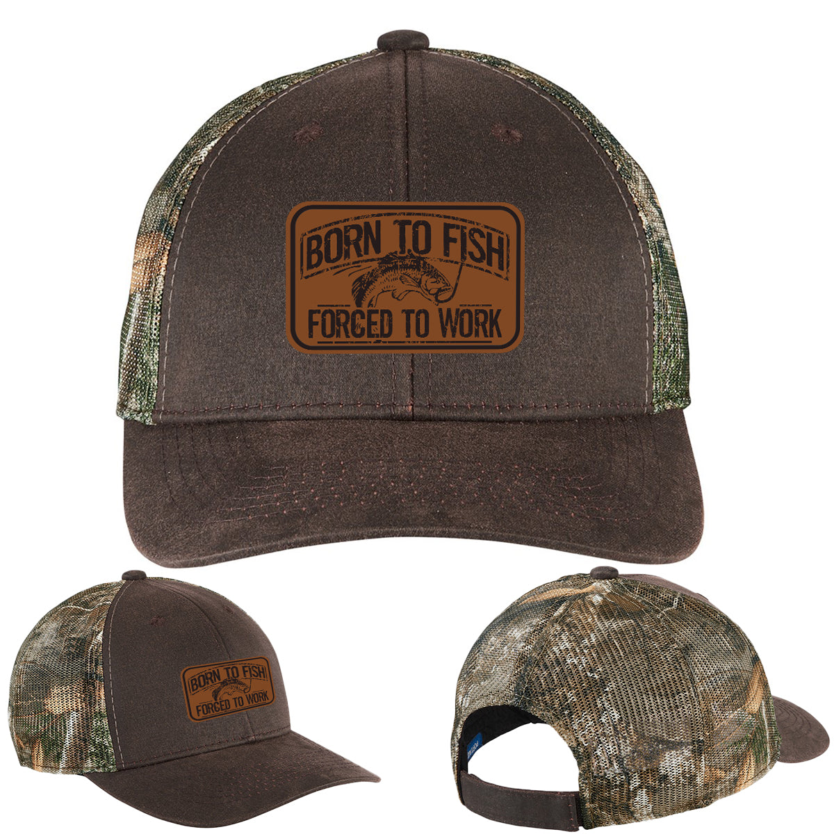 Born To Fish C891 Leather Patch Pigment Print Camo Mesh Back Trucker Cap