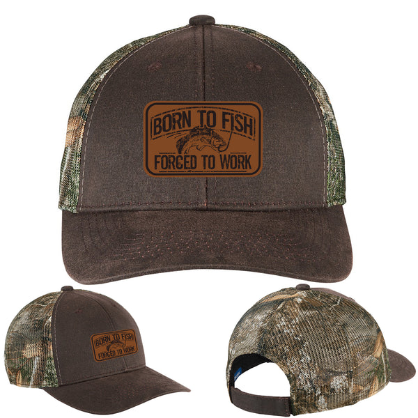 Born To Fish C891 Leather Patch Pigment Print Camo Mesh Back Trucker Cap