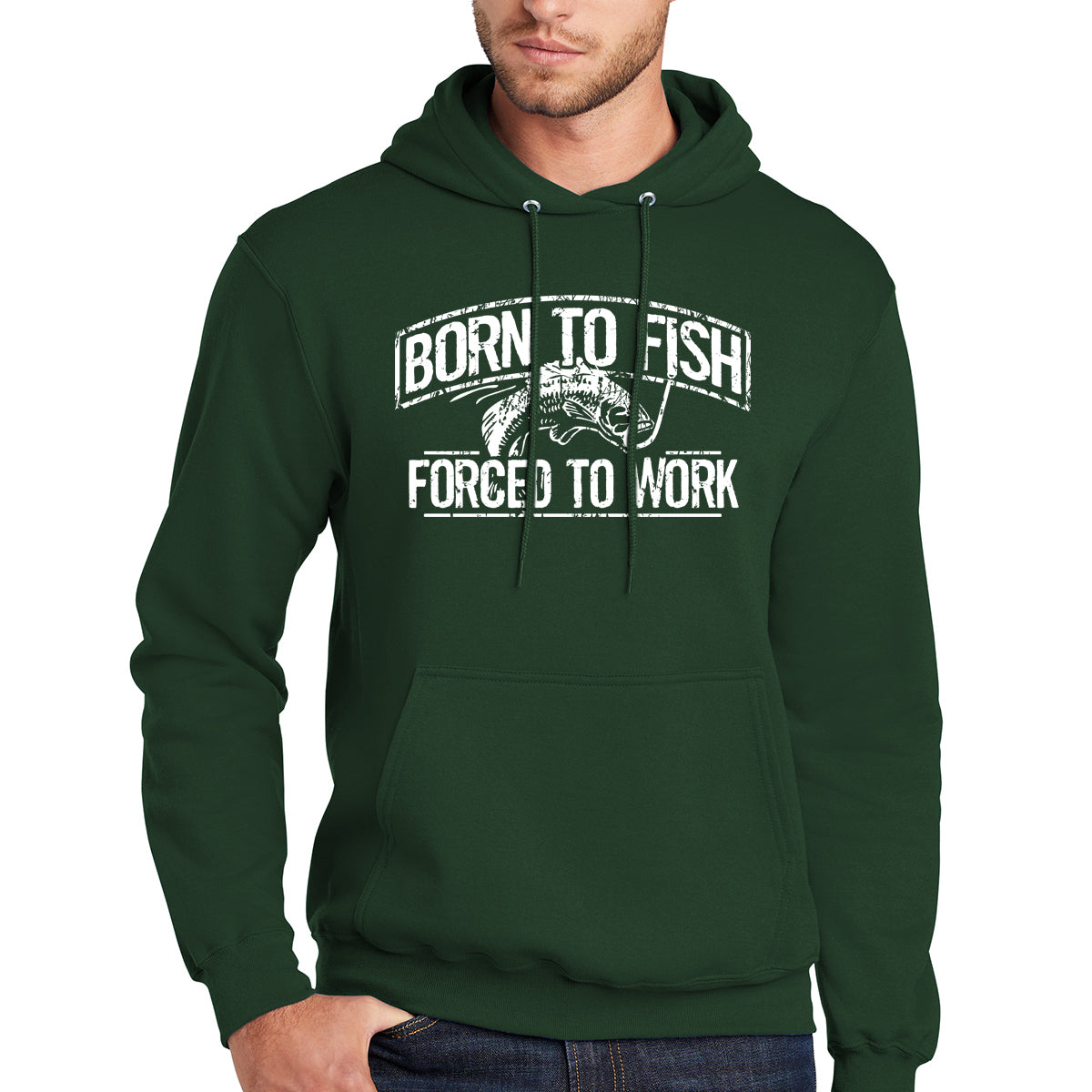 Born To Fish White Design Fleece Heavy Blend Pullover Hooded Sweatshirt