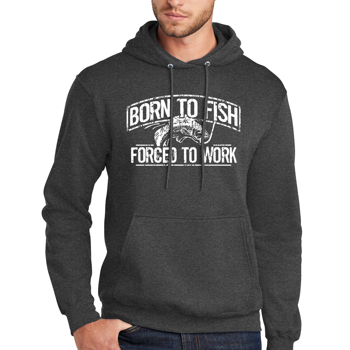Born To Fish White Design Fleece Heavy Blend Pullover Hooded Sweatshirt