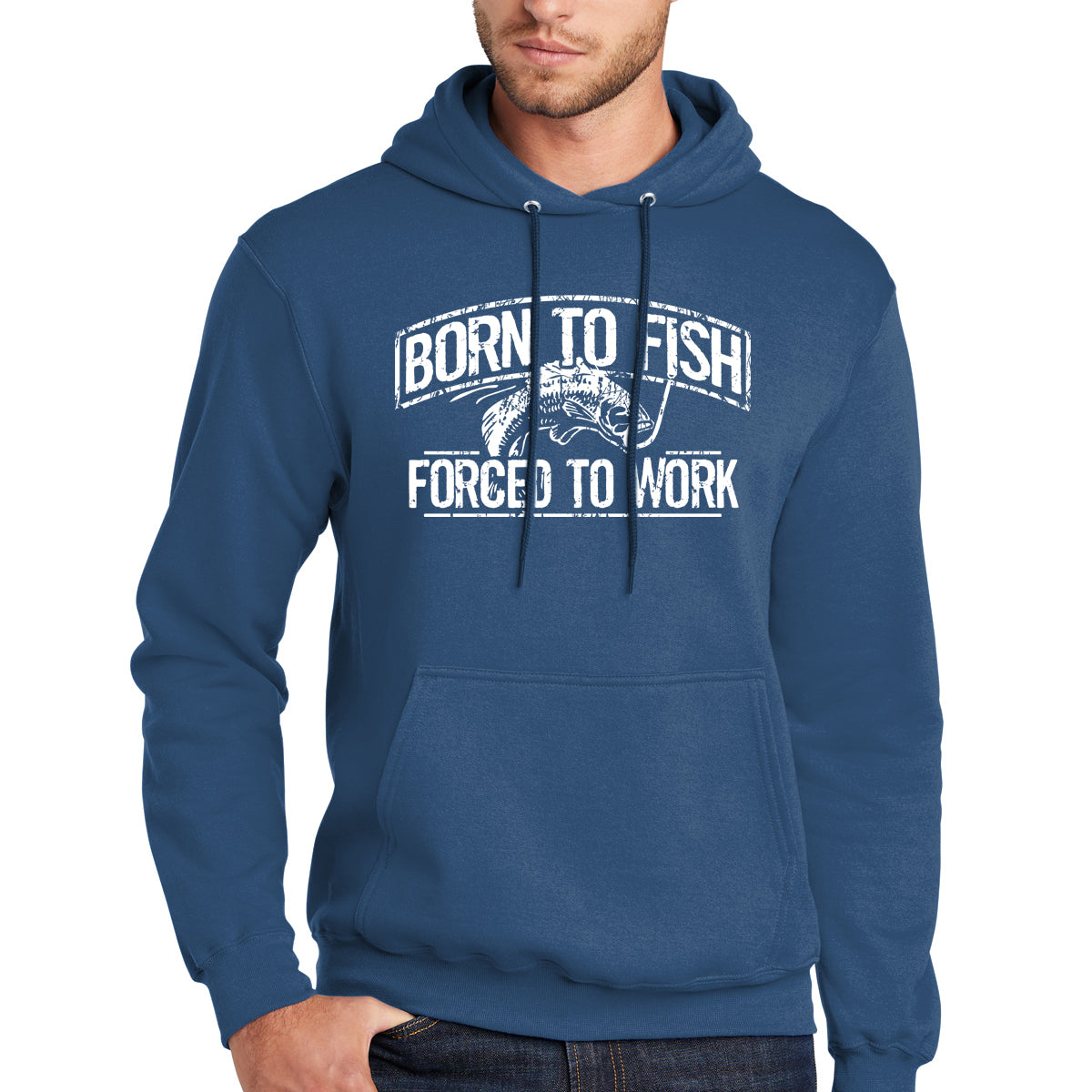 Born To Fish White Design Fleece Heavy Blend Pullover Hooded Sweatshirt