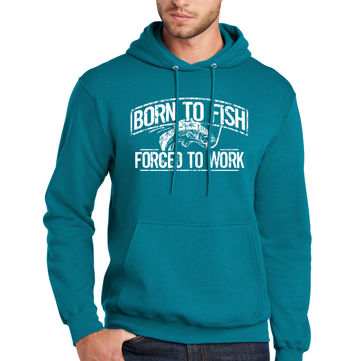 Born To Fish White Design Fleece Heavy Blend Pullover Hooded Sweatshirt