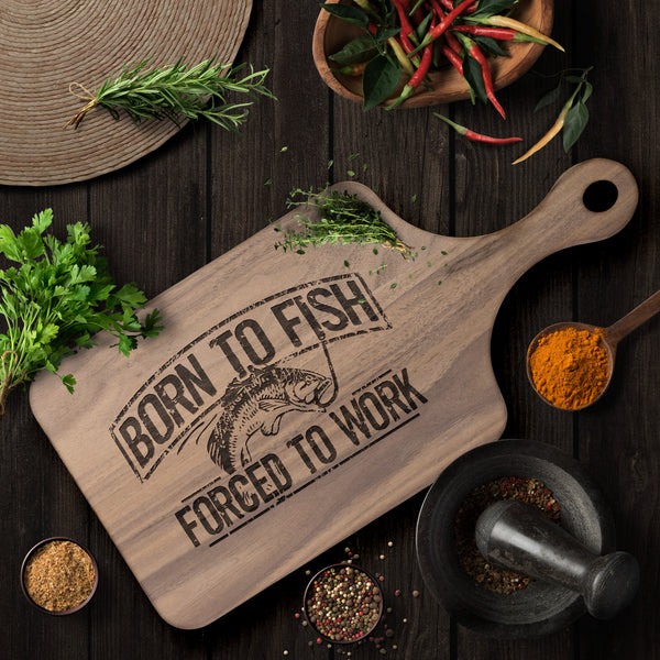 Born To Fish Hardwood Paddle Cutting Board